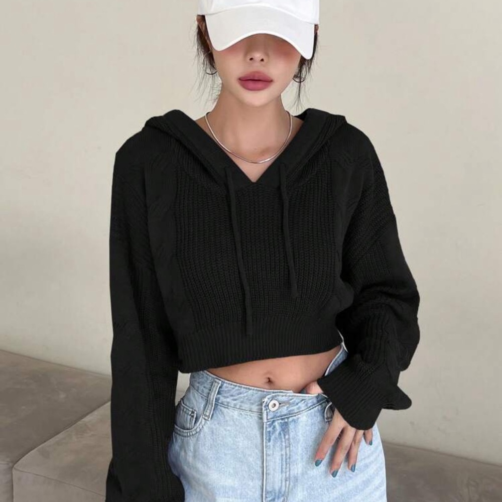 Solid Drop Shoulder Drawstring Hooded Crop Sweater